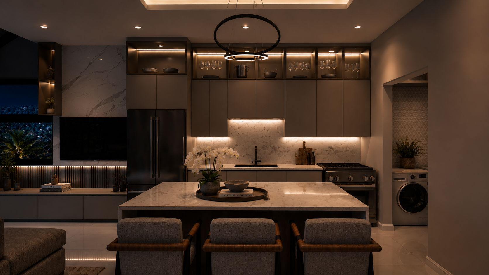 The Summit penthouse open-plan kitchen and dining area, night